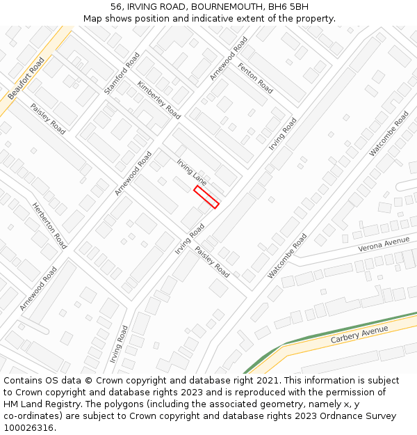 56, IRVING ROAD, BOURNEMOUTH, BH6 5BH: Location map and indicative extent of plot