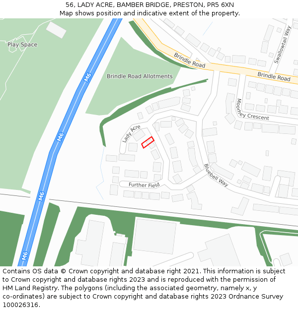56, LADY ACRE, BAMBER BRIDGE, PRESTON, PR5 6XN: Location map and indicative extent of plot