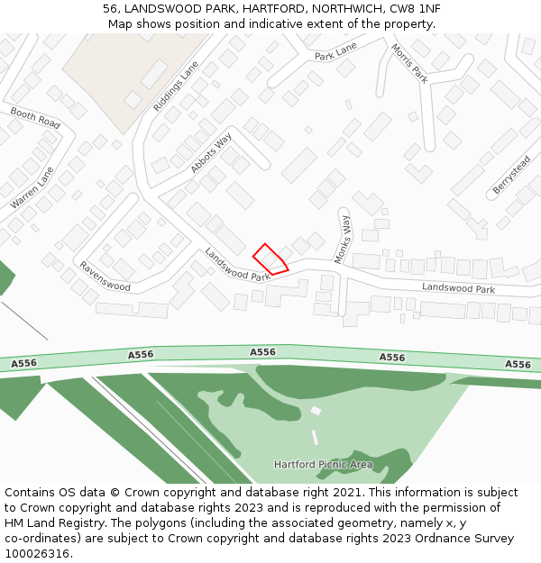 56, LANDSWOOD PARK, HARTFORD, NORTHWICH, CW8 1NF: Location map and indicative extent of plot