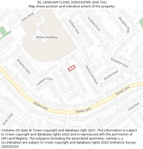 56, LANEHAM CLOSE, DONCASTER, DN4 7HU: Location map and indicative extent of plot
