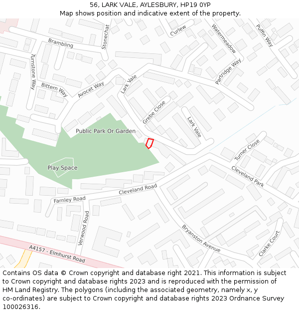 56, LARK VALE, AYLESBURY, HP19 0YP: Location map and indicative extent of plot