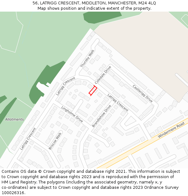 56, LATRIGG CRESCENT, MIDDLETON, MANCHESTER, M24 4LQ: Location map and indicative extent of plot