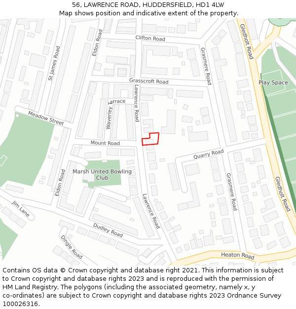 56, LAWRENCE ROAD, HUDDERSFIELD, HD1 4LW: Location map and indicative extent of plot