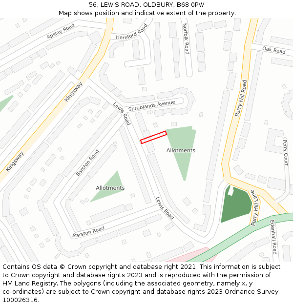 56, LEWIS ROAD, OLDBURY, B68 0PW: Location map and indicative extent of plot
