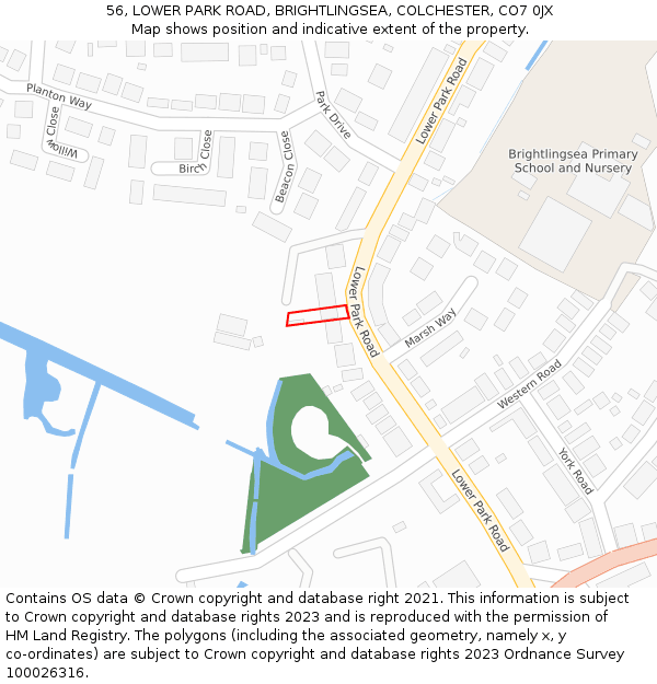 56, LOWER PARK ROAD, BRIGHTLINGSEA, COLCHESTER, CO7 0JX: Location map and indicative extent of plot