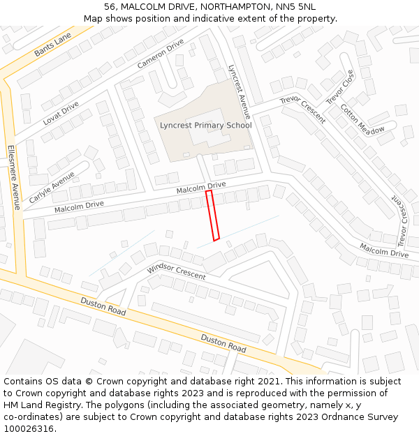56, MALCOLM DRIVE, NORTHAMPTON, NN5 5NL: Location map and indicative extent of plot