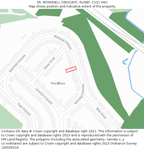 56, MCKINNELL CRESCENT, RUGBY, CV21 4AU: Location map and indicative extent of plot