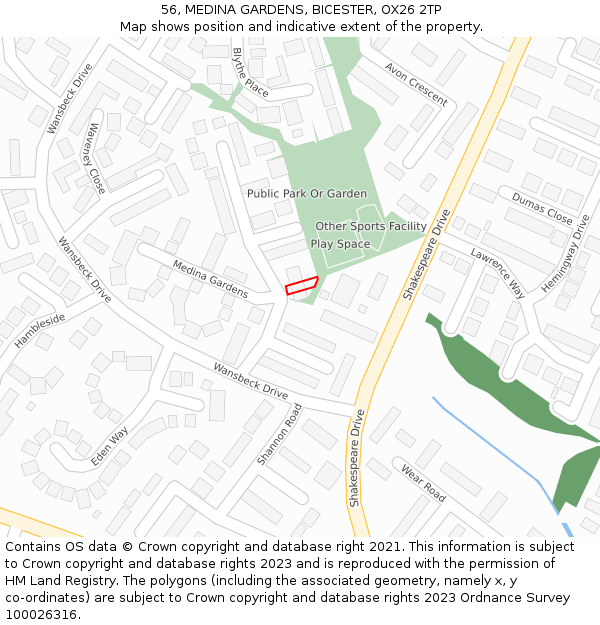 56, MEDINA GARDENS, BICESTER, OX26 2TP: Location map and indicative extent of plot