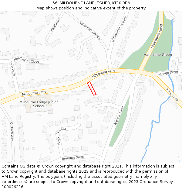 56, MILBOURNE LANE, ESHER, KT10 9EA: Location map and indicative extent of plot