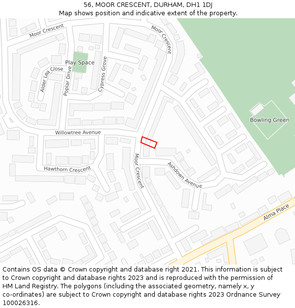 56, MOOR CRESCENT, DURHAM, DH1 1DJ: Location map and indicative extent of plot