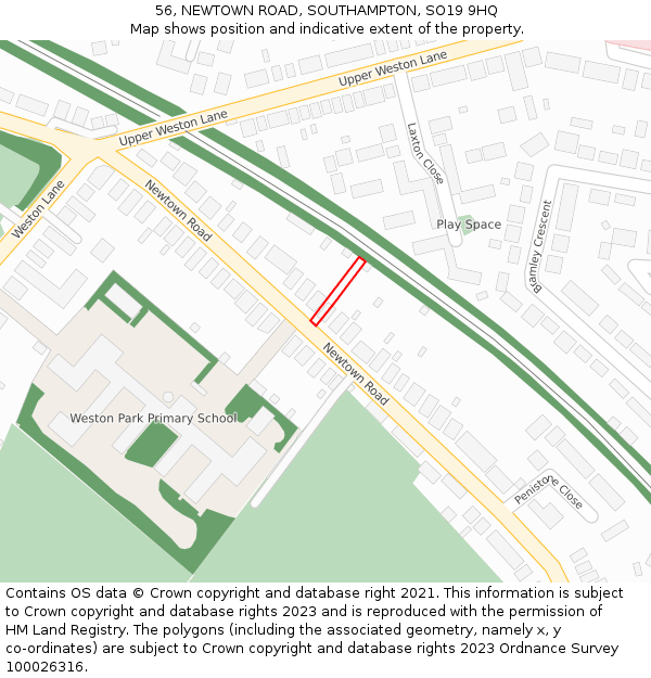 56, NEWTOWN ROAD, SOUTHAMPTON, SO19 9HQ: Location map and indicative extent of plot