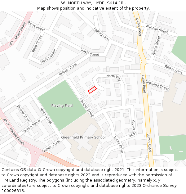 56, NORTH WAY, HYDE, SK14 1RU: Location map and indicative extent of plot