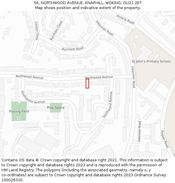 56, NORTHWOOD AVENUE, KNAPHILL, WOKING, GU21 2ET: Location map and indicative extent of plot