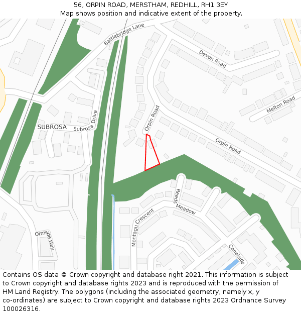 56, ORPIN ROAD, MERSTHAM, REDHILL, RH1 3EY: Location map and indicative extent of plot
