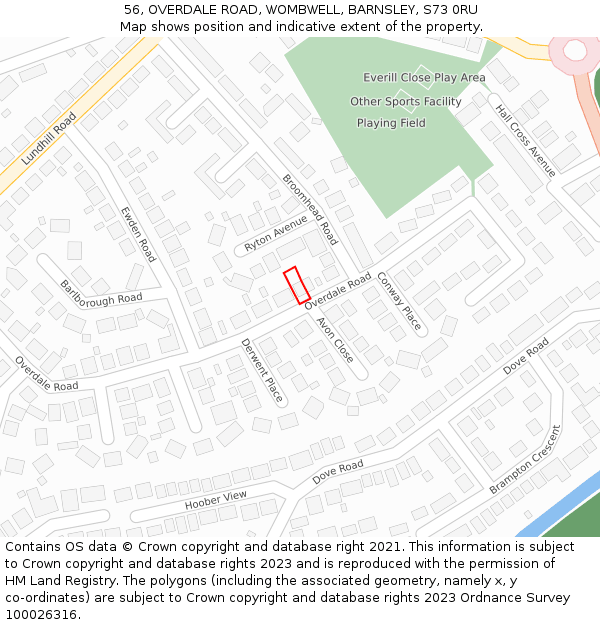 56, OVERDALE ROAD, WOMBWELL, BARNSLEY, S73 0RU: Location map and indicative extent of plot
