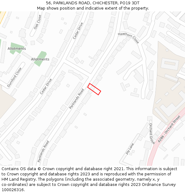 56, PARKLANDS ROAD, CHICHESTER, PO19 3DT: Location map and indicative extent of plot