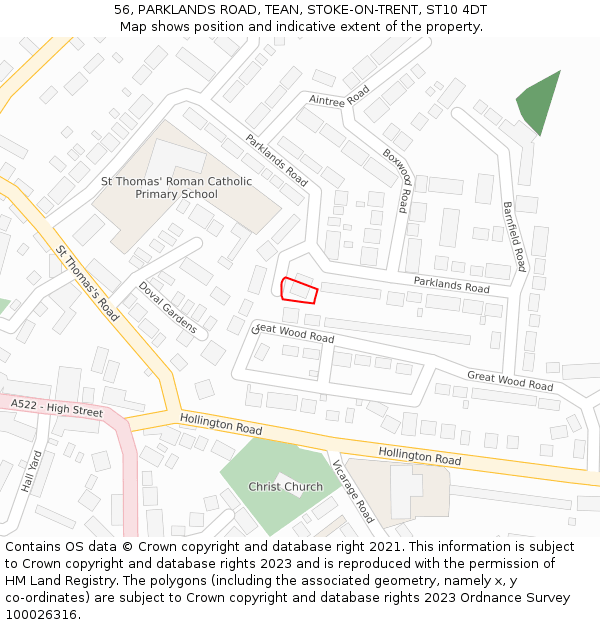 56, PARKLANDS ROAD, TEAN, STOKE-ON-TRENT, ST10 4DT: Location map and indicative extent of plot