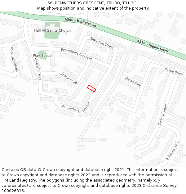 56, PENWETHERS CRESCENT, TRURO, TR1 3GH: Location map and indicative extent of plot