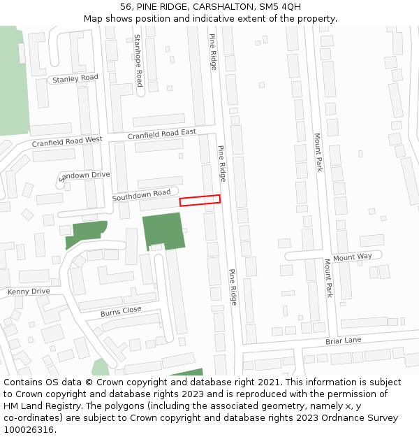 56, PINE RIDGE, CARSHALTON, SM5 4QH: Location map and indicative extent of plot