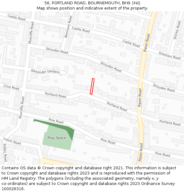 56, PORTLAND ROAD, BOURNEMOUTH, BH9 1NQ: Location map and indicative extent of plot