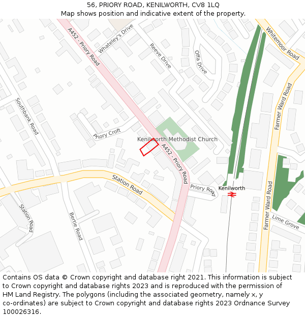 56, PRIORY ROAD, KENILWORTH, CV8 1LQ: Location map and indicative extent of plot