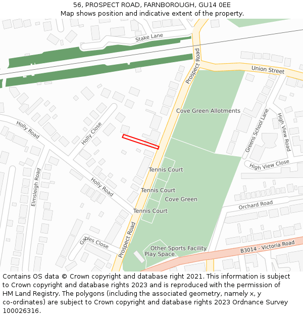 56, PROSPECT ROAD, FARNBOROUGH, GU14 0EE: Location map and indicative extent of plot
