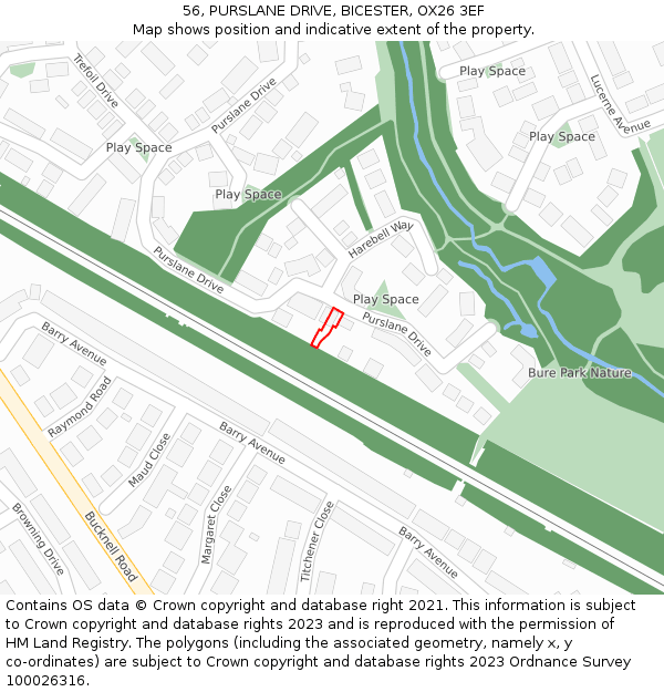 56, PURSLANE DRIVE, BICESTER, OX26 3EF: Location map and indicative extent of plot