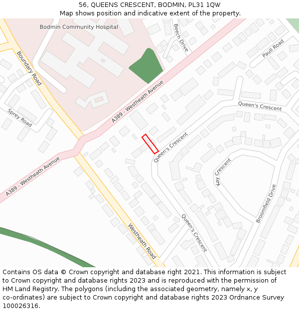 56, QUEENS CRESCENT, BODMIN, PL31 1QW: Location map and indicative extent of plot