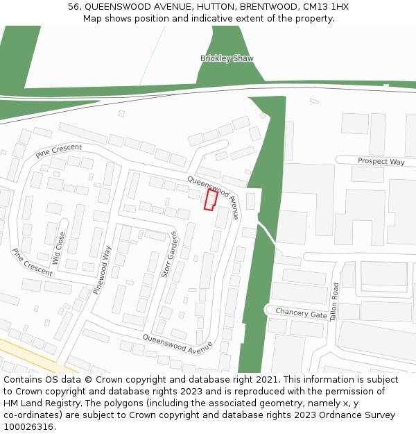 56, QUEENSWOOD AVENUE, HUTTON, BRENTWOOD, CM13 1HX: Location map and indicative extent of plot