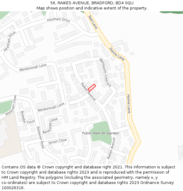 56, RAIKES AVENUE, BRADFORD, BD4 0QU: Location map and indicative extent of plot
