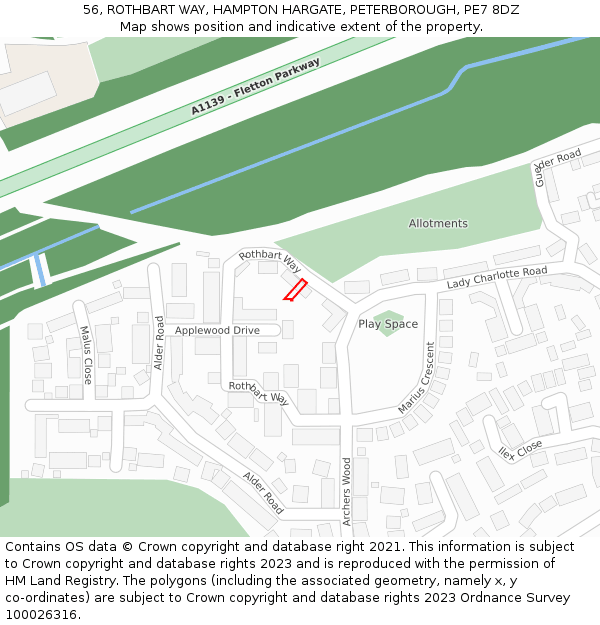 56, ROTHBART WAY, HAMPTON HARGATE, PETERBOROUGH, PE7 8DZ: Location map and indicative extent of plot