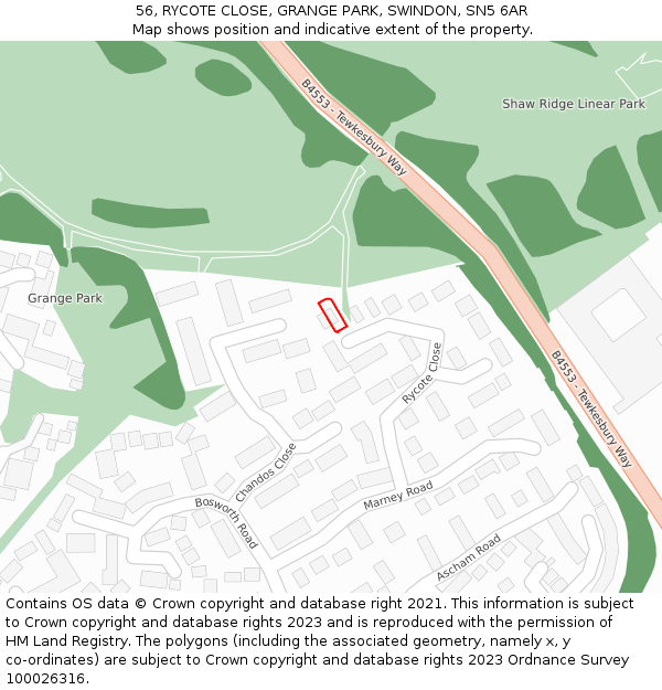 56, RYCOTE CLOSE, GRANGE PARK, SWINDON, SN5 6AR: Location map and indicative extent of plot