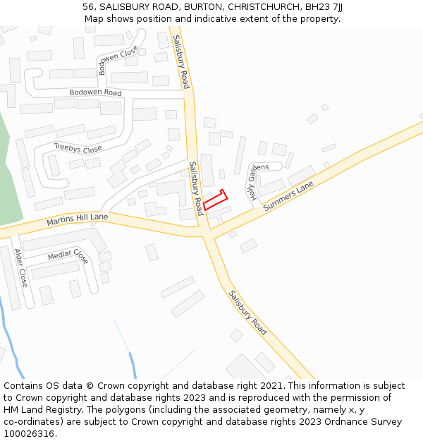 56, SALISBURY ROAD, BURTON, CHRISTCHURCH, BH23 7JJ: Location map and indicative extent of plot
