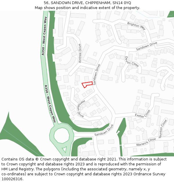 56, SANDOWN DRIVE, CHIPPENHAM, SN14 0YQ: Location map and indicative extent of plot