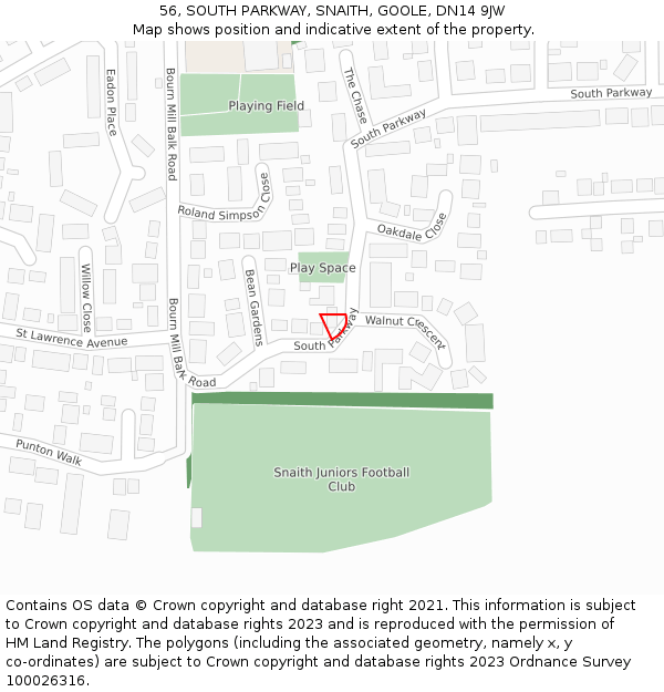 56, SOUTH PARKWAY, SNAITH, GOOLE, DN14 9JW: Location map and indicative extent of plot