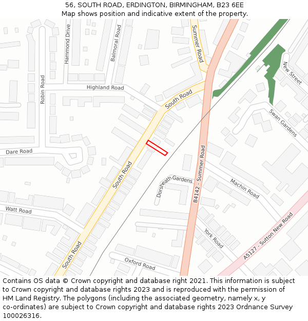 56, SOUTH ROAD, ERDINGTON, BIRMINGHAM, B23 6EE: Location map and indicative extent of plot