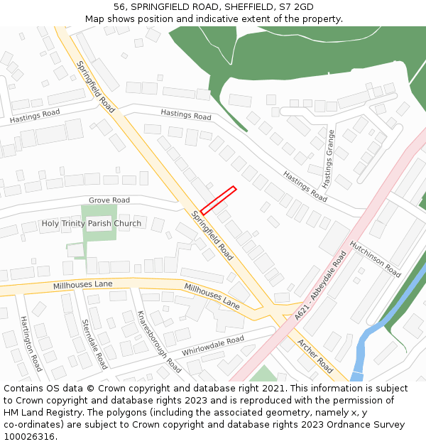 56, SPRINGFIELD ROAD, SHEFFIELD, S7 2GD: Location map and indicative extent of plot