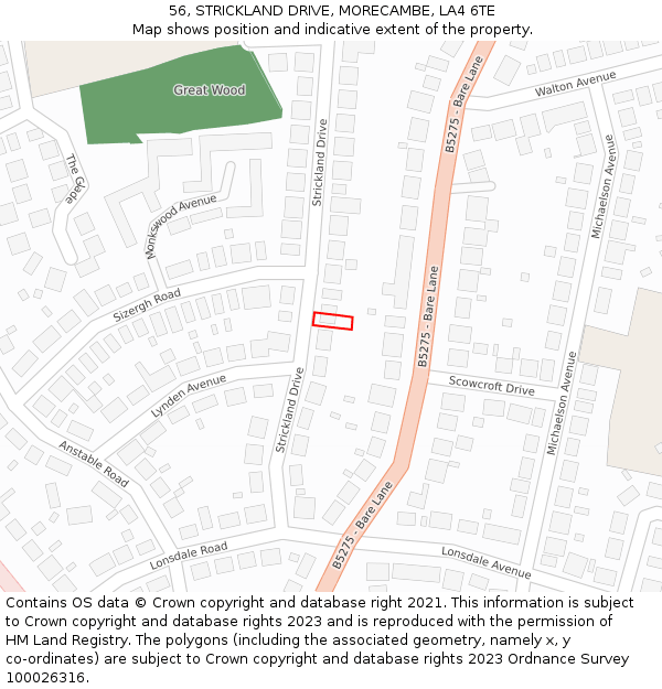 56, STRICKLAND DRIVE, MORECAMBE, LA4 6TE: Location map and indicative extent of plot