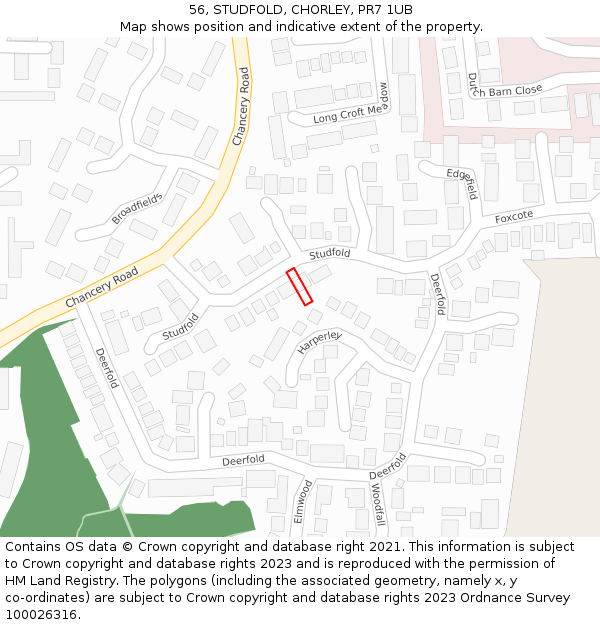 56, STUDFOLD, CHORLEY, PR7 1UB: Location map and indicative extent of plot