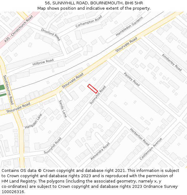 56, SUNNYHILL ROAD, BOURNEMOUTH, BH6 5HR: Location map and indicative extent of plot