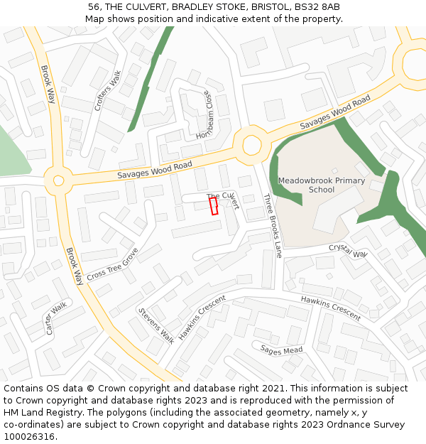 56, THE CULVERT, BRADLEY STOKE, BRISTOL, BS32 8AB: Location map and indicative extent of plot