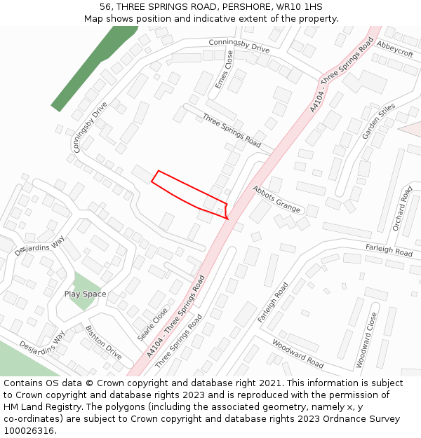 56, THREE SPRINGS ROAD, PERSHORE, WR10 1HS: Location map and indicative extent of plot