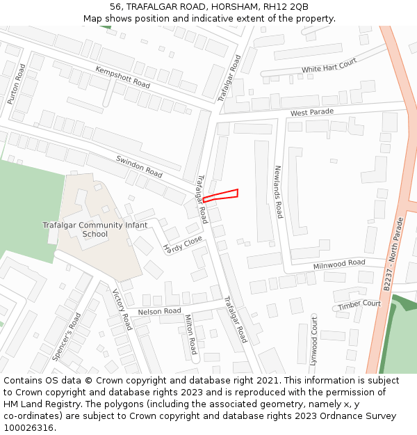 56, TRAFALGAR ROAD, HORSHAM, RH12 2QB: Location map and indicative extent of plot