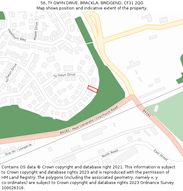 56, TY GWYN DRIVE, BRACKLA, BRIDGEND, CF31 2QG: Location map and indicative extent of plot