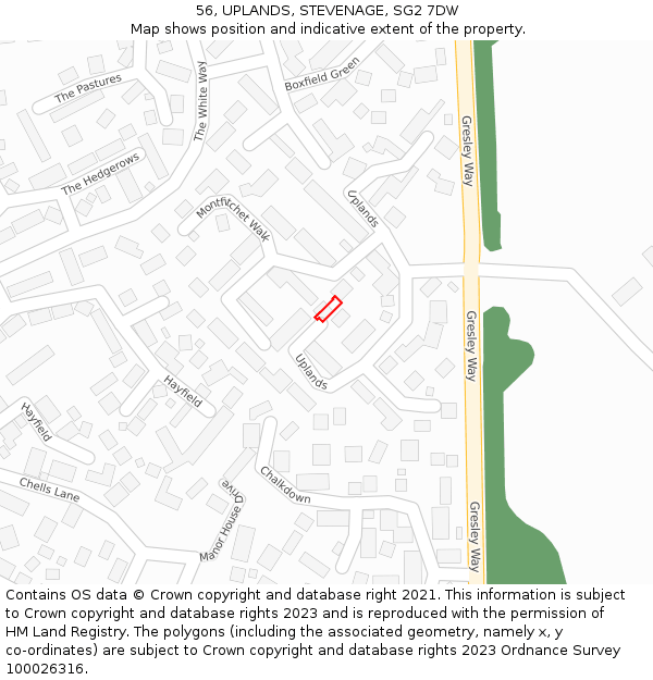 56, UPLANDS, STEVENAGE, SG2 7DW: Location map and indicative extent of plot