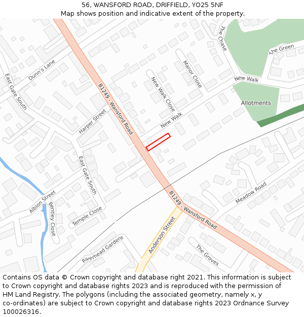 56, WANSFORD ROAD, DRIFFIELD, YO25 5NF: Location map and indicative extent of plot