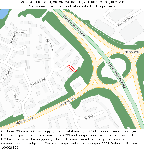 56, WEATHERTHORN, ORTON MALBORNE, PETERBOROUGH, PE2 5ND: Location map and indicative extent of plot