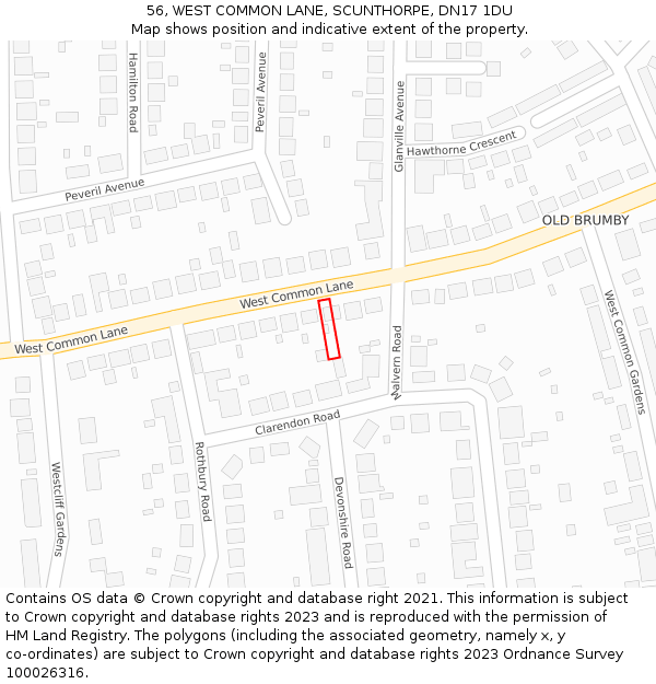 56, WEST COMMON LANE, SCUNTHORPE, DN17 1DU: Location map and indicative extent of plot