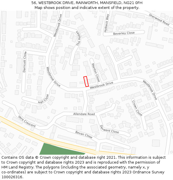 56, WESTBROOK DRIVE, RAINWORTH, MANSFIELD, NG21 0FH: Location map and indicative extent of plot
