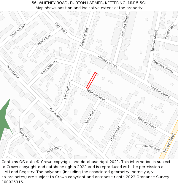 56, WHITNEY ROAD, BURTON LATIMER, KETTERING, NN15 5SL: Location map and indicative extent of plot